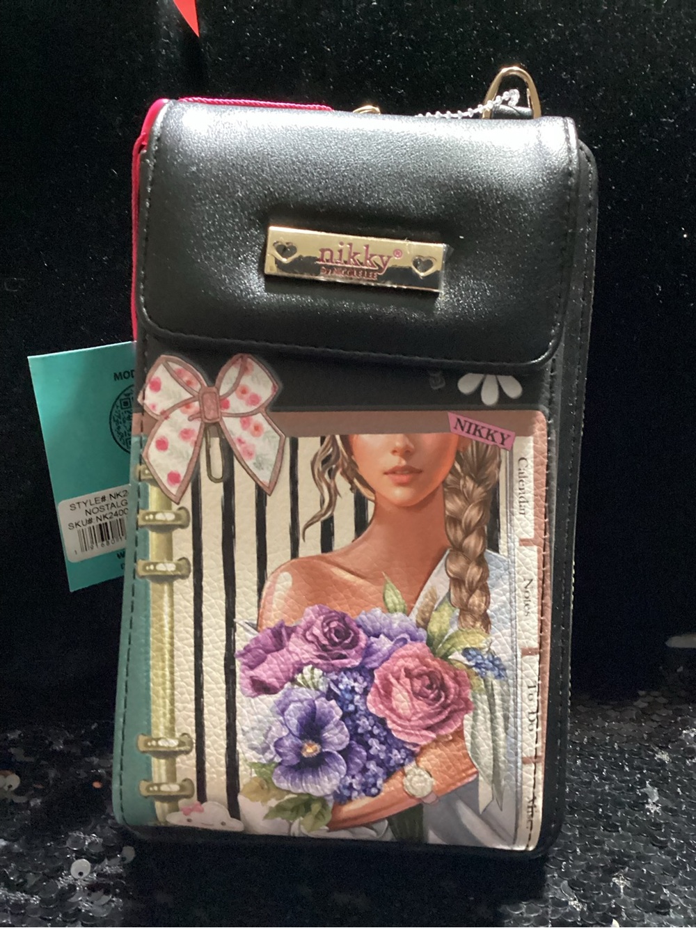 Nikky Floral Portrait Black & Pink Crossbody Wallet